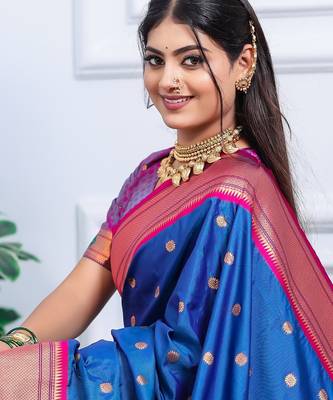 royal blue floral, temple border, zari woven silk blend saree with blouse 3