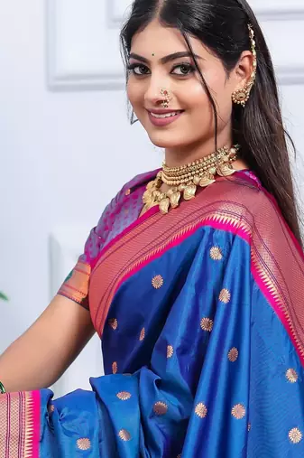 royal blue floral, temple border, zari woven silk blend saree with blouse