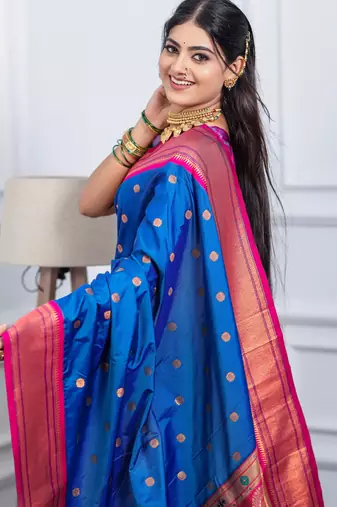 royal blue floral, temple border, zari woven silk blend saree with blouse