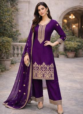 Purple embroidered straight kurta with palazzos & dupatta 1