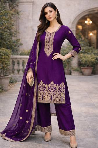 Purple embroidered straight kurta with palazzos & dupatta