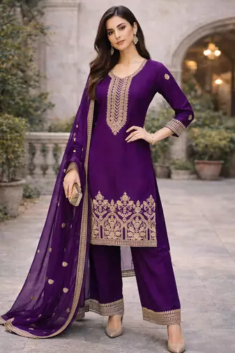 Purple embroidered straight kurta with palazzos & dupatta