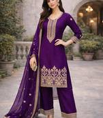 Purple embroidered straight kurta with palazzos & dupatta