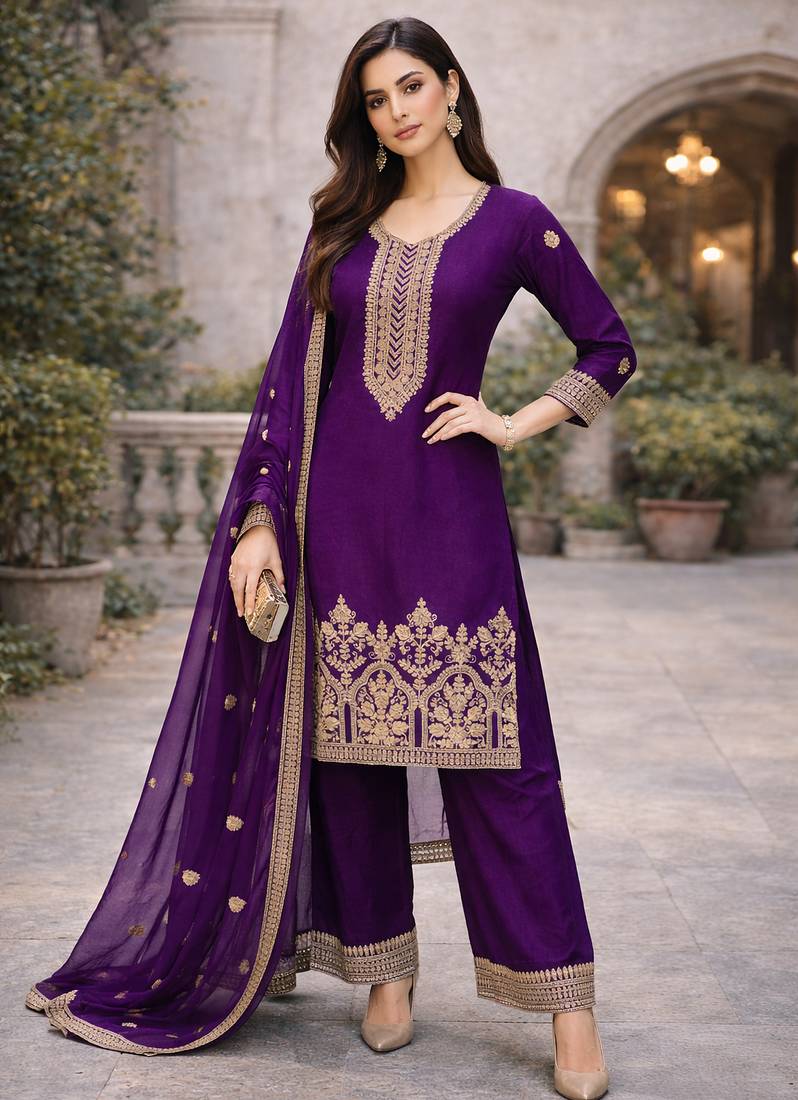 Purple embroidered straight kurta with palazzos & dupatta