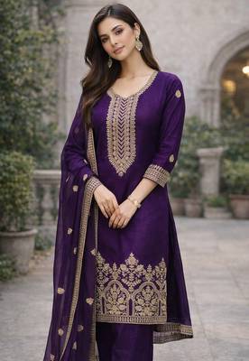 Purple embroidered straight kurta with palazzos & dupatta 2