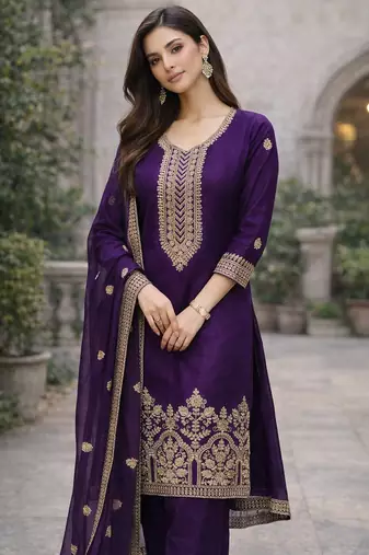 Purple embroidered straight kurta with palazzos & dupatta