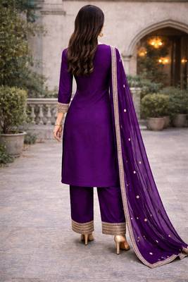Purple embroidered straight kurta with palazzos & dupatta 3