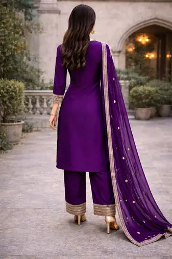 Purple embroidered straight kurta with palazzos & dupatta