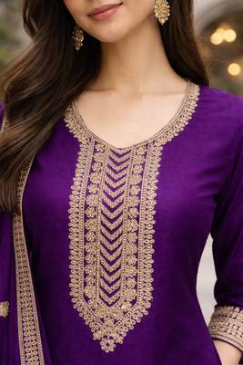 Purple embroidered straight kurta with palazzos & dupatta 4