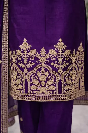 Purple embroidered straight kurta with palazzos & dupatta