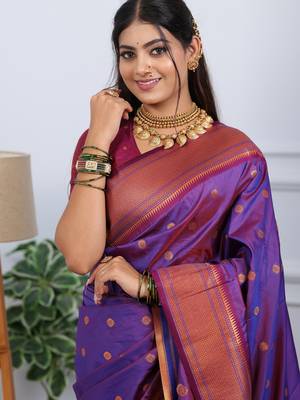 purple floral, temple border, zari woven silk blend saree with blouse 4