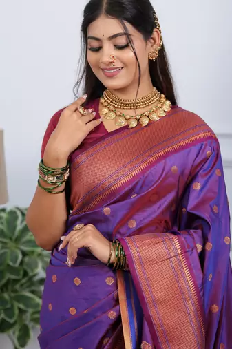 purple floral, temple border, zari woven silk blend saree with blouse