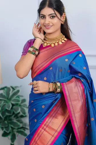 royal blue floral, temple border, zari woven silk blend saree with blouse
