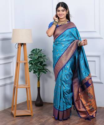 teal blue floral, temple border, zari woven silk blend saree with blouse 1