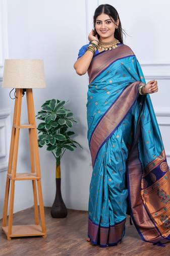 teal blue floral, temple border, zari woven silk blend saree with blouse