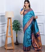 teal blue floral, temple border, zari woven silk blend saree with blouse