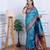 teal blue floral, temple border, zari woven silk blend saree with blouse
