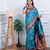 teal blue floral, temple border, zari woven silk blend saree with blouse