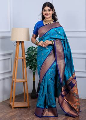 teal blue floral, temple border, zari woven silk blend saree with blouse 3