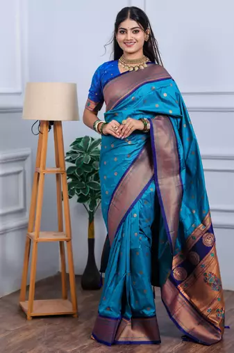 teal blue floral, temple border, zari woven silk blend saree with blouse