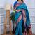 teal blue floral, temple border, zari woven silk blend saree with blouse