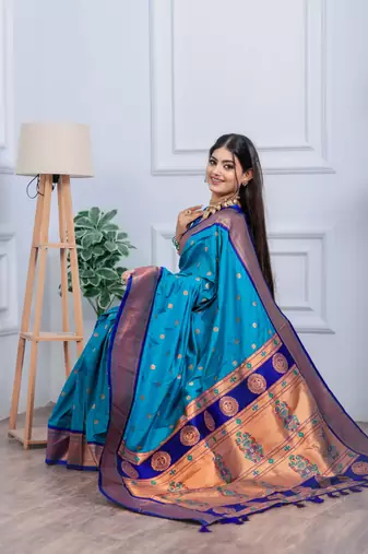 teal blue floral, temple border, zari woven silk blend saree with blouse