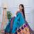 teal blue floral, temple border, zari woven silk blend saree with blouse