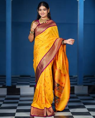 yellow floral, temple border, zari woven silk blend saree with blouse 1