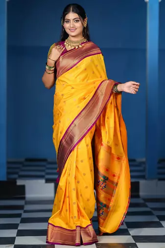 yellow floral, temple border, zari woven silk blend saree with blouse
