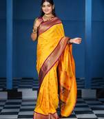 yellow floral, temple border, zari woven silk blend saree with blouse