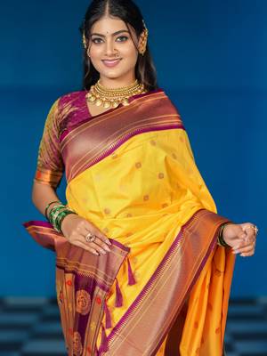 yellow floral, temple border, zari woven silk blend saree with blouse 2
