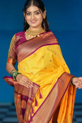 yellow floral, temple border, zari woven silk blend saree with blouse