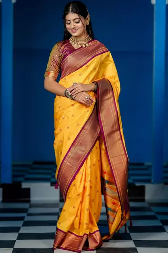 yellow floral, temple border, zari woven silk blend saree with blouse