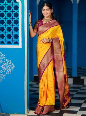 yellow floral, temple border, zari woven silk blend saree with blouse 4