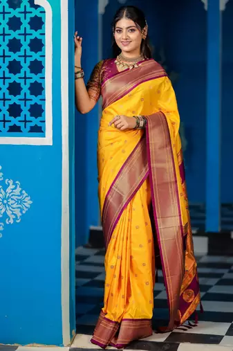 yellow floral, temple border, zari woven silk blend saree with blouse