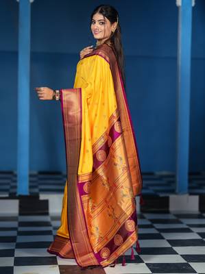 yellow floral, temple border, zari woven silk blend saree with blouse 5
