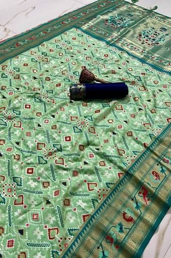 Light teal woven & printed silk blend ethnic festive saree with blouse