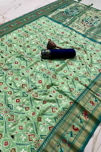 Light teal woven & printed silk blend ethnic festive saree with blouse