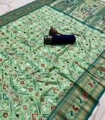 Light teal woven & printed silk blend ethnic festive saree with blouse