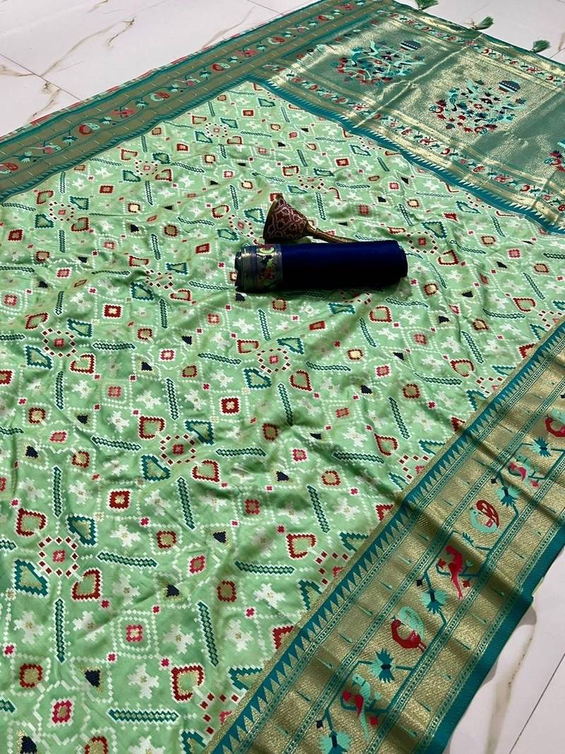 Light teal woven & printed silk blend ethnic festive saree with blouse