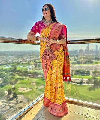yellow woven printed silk blend ethnic saree with blouse 1
