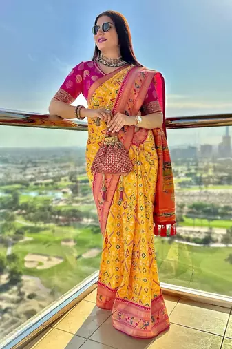 Yellow woven & printed silk blend ethnic festive saree with blouse