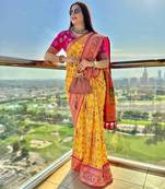 Yellow woven & printed silk blend ethnic festive saree with blouse