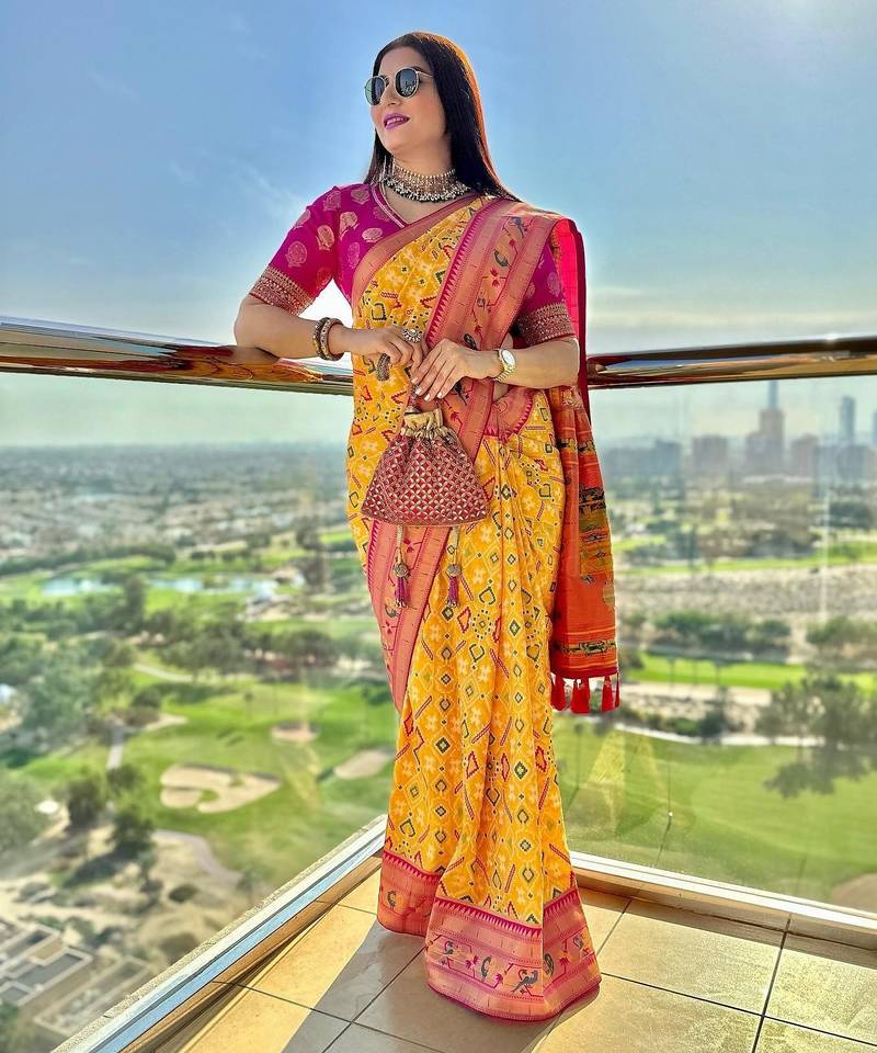 Yellow woven & printed silk blend ethnic festive saree with blouse