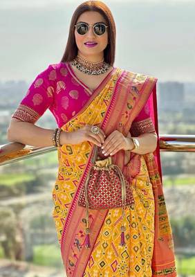 yellow woven printed silk blend ethnic saree with blouse 2