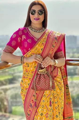 yellow woven printed silk blend ethnic saree with blouse