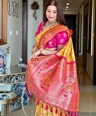 yellow woven printed silk blend ethnic saree with blouse 3