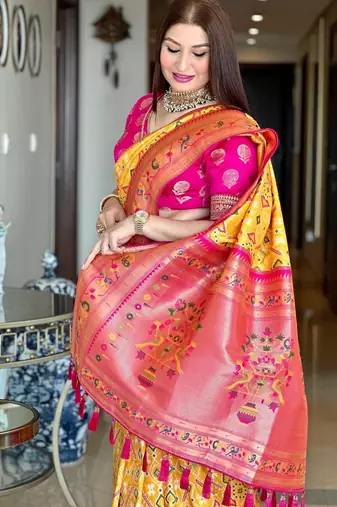 yellow woven printed silk blend ethnic saree with blouse