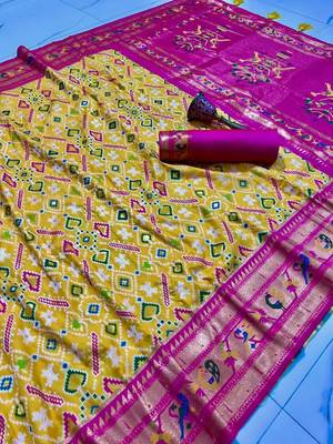 yellow woven printed silk blend ethnic saree with blouse 4