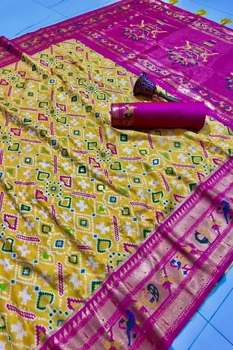 yellow woven printed silk blend ethnic saree with blouse